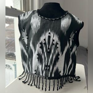 Hand Beaded Black and Gray Womens Adras/Ikat Open Back Vest from Uzbekistan